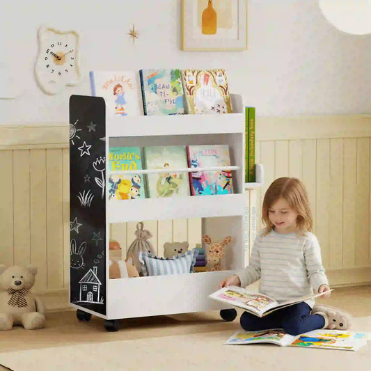 Kids Bookshelf with Wheels, Blackboard, 3-8 Years Bookshelves & Bookcases White, Black at Gallery Canada
