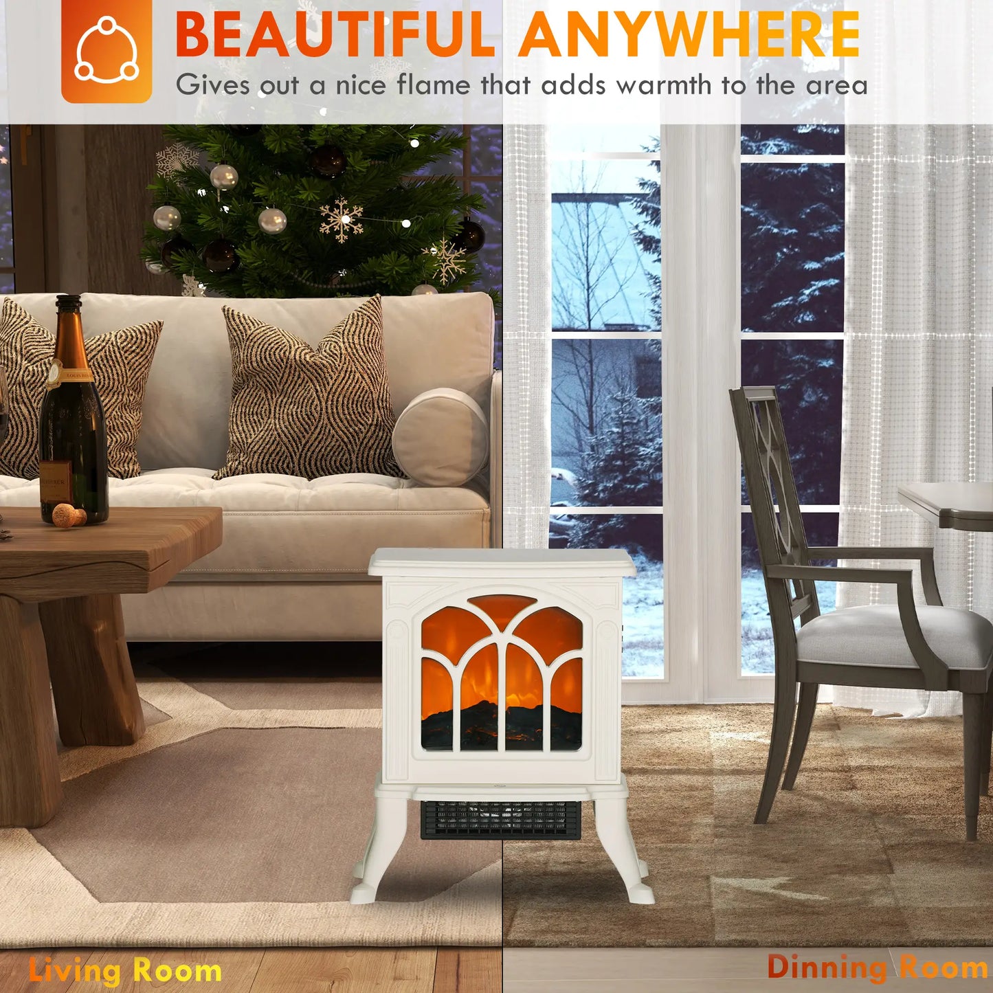 Freestanding Electric Fireplace Heater, Realistic Flame, Beige
