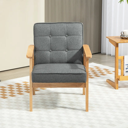 Modern Accent Chair with Button Tufted Back, Line-feel Fabric Armchair with Solid Wood Frame for Bedroom, Grey Accent Chairs at Gallery Canada