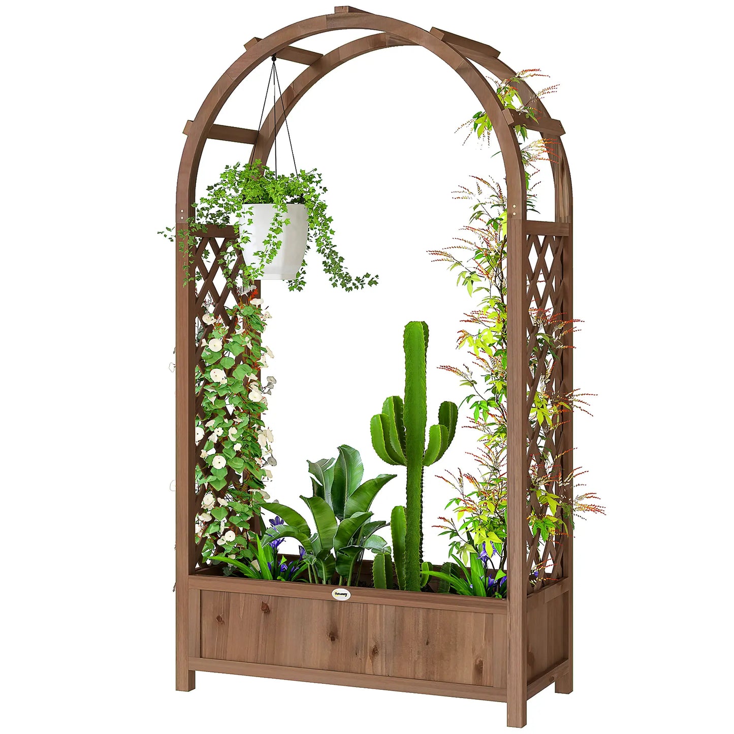 Lit de Jardin Surélevé avec Arche Treillis, Bac à Plantes, Effet Bois Brun Foncé, Brun Foncé