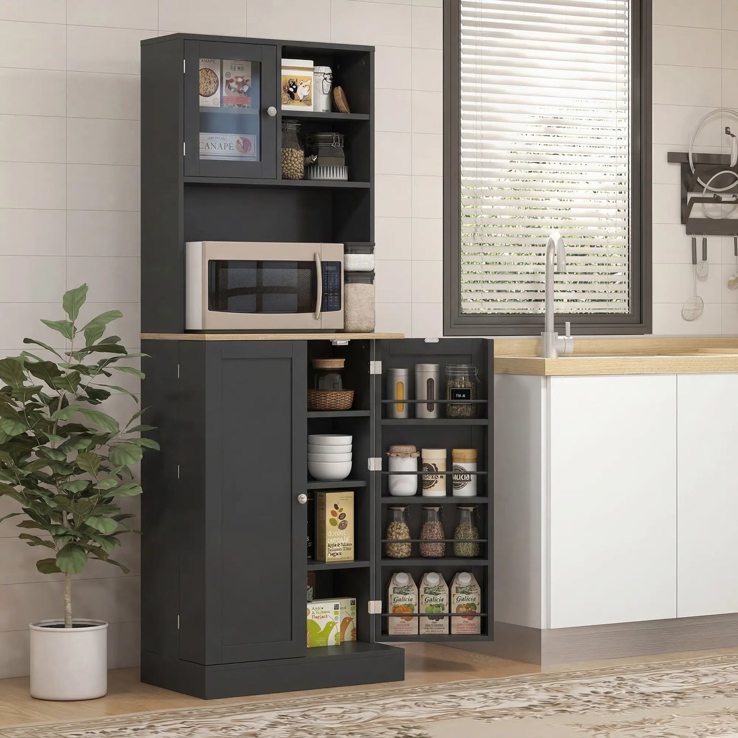 66.5" Tall Kitchen Pantry Cabinet, Microwave Cabinet, Black Kitchen Pantry Cabinets at Gallery Canada