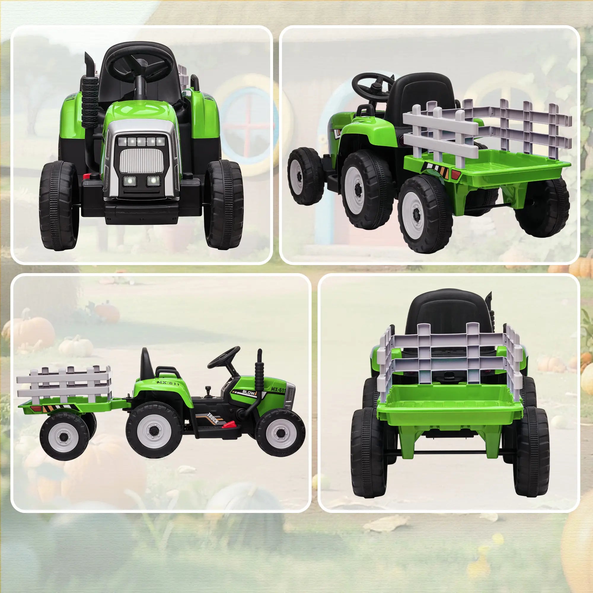 12V Kids Ride on Tractor with Trailer, Remote Control, Music, LED Lights, Green Electric Toy Cars at Gallery Canada