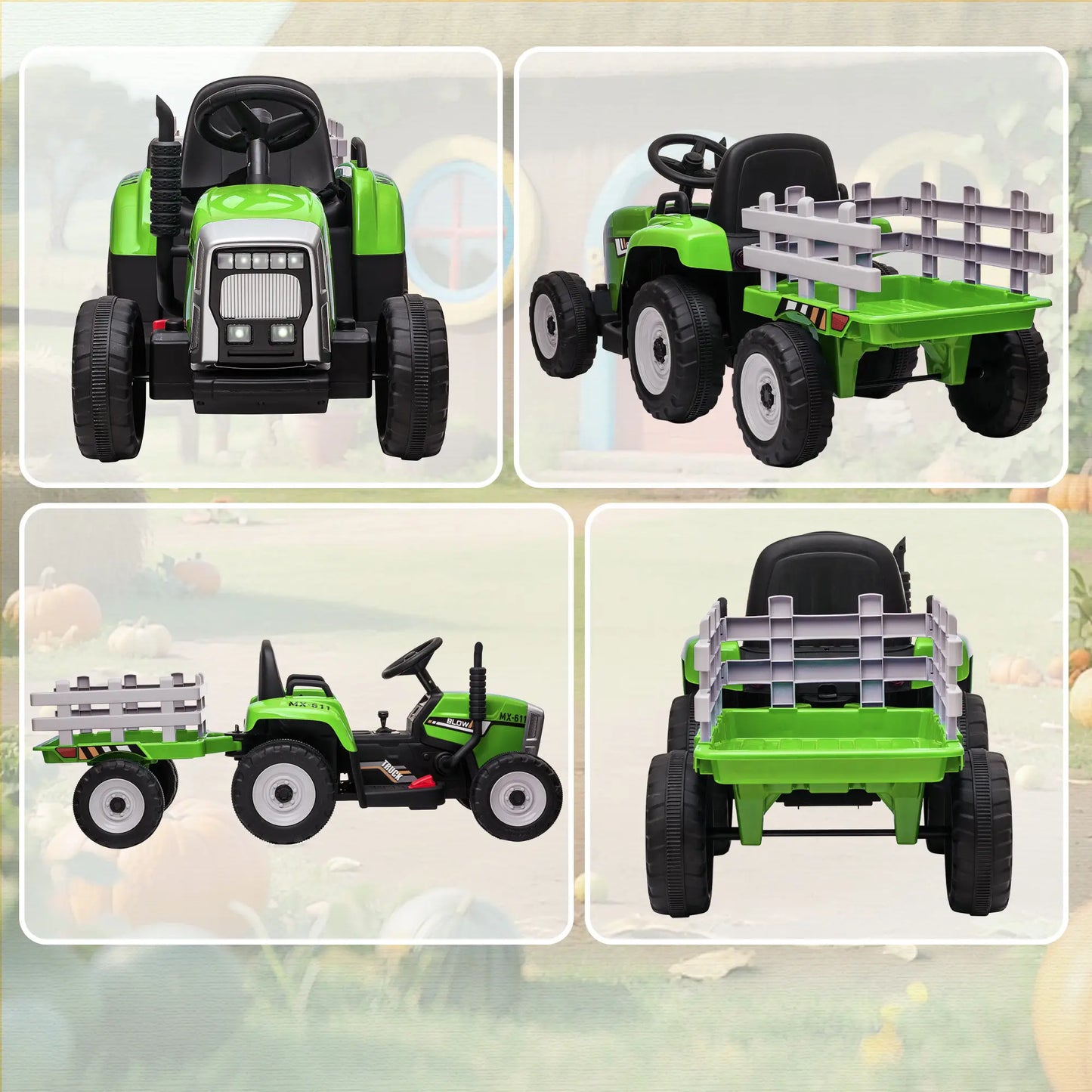 12V Kids Ride on Tractor with Trailer, Remote Control, Music, LED Lights, Green Electric Toy Cars at Gallery Canada