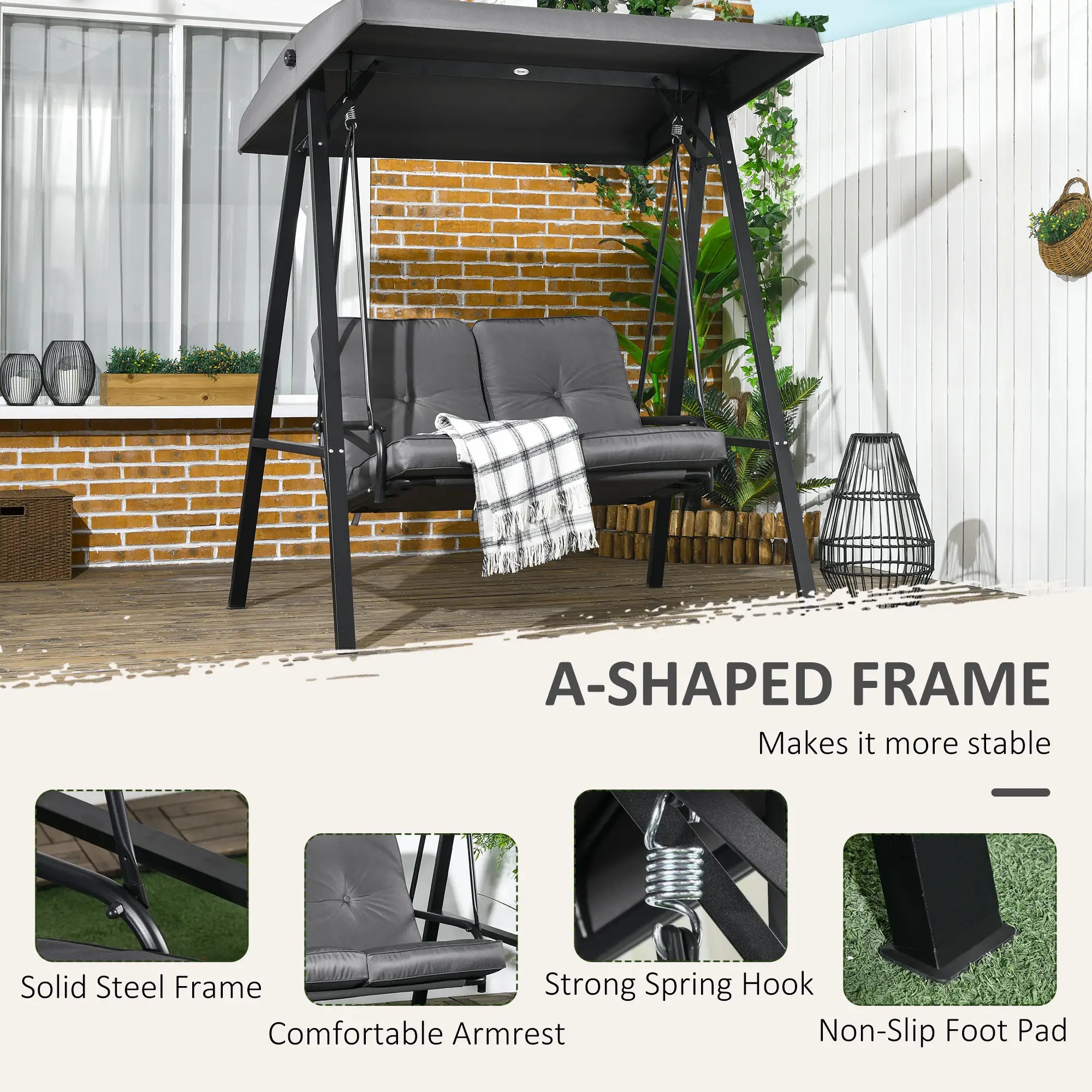 2-Seater Outdoor Swing with Canopy, Patio Chair, Dark Grey Patio Swings with Stand at Gallery Canada