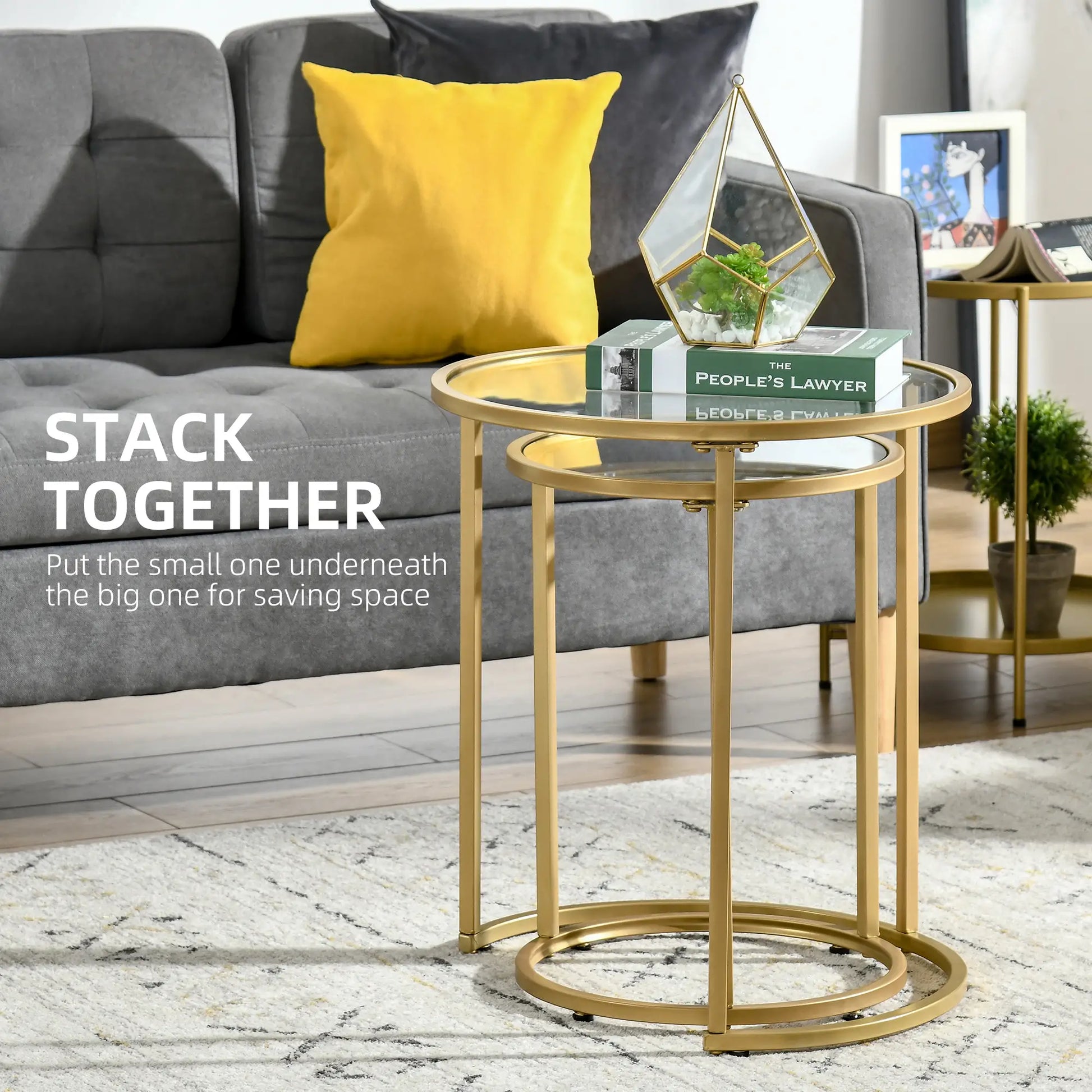 Set of 2 Nesting Coffee Tables, Round Side Table with Tempered Glass, Gold Side Tables at Gallery Canada