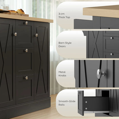 Farmhouse Kitchen Island Cart with Power Outlet, 49 Inch, Black Kitchen Islands & Kitchen Carts at Gallery Canada