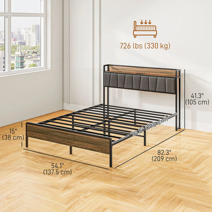 Full Size Bed Frame with Charging Station, Upholstered Headboard, Storage Shelf, Walnut Bed Frames at Gallery Canada