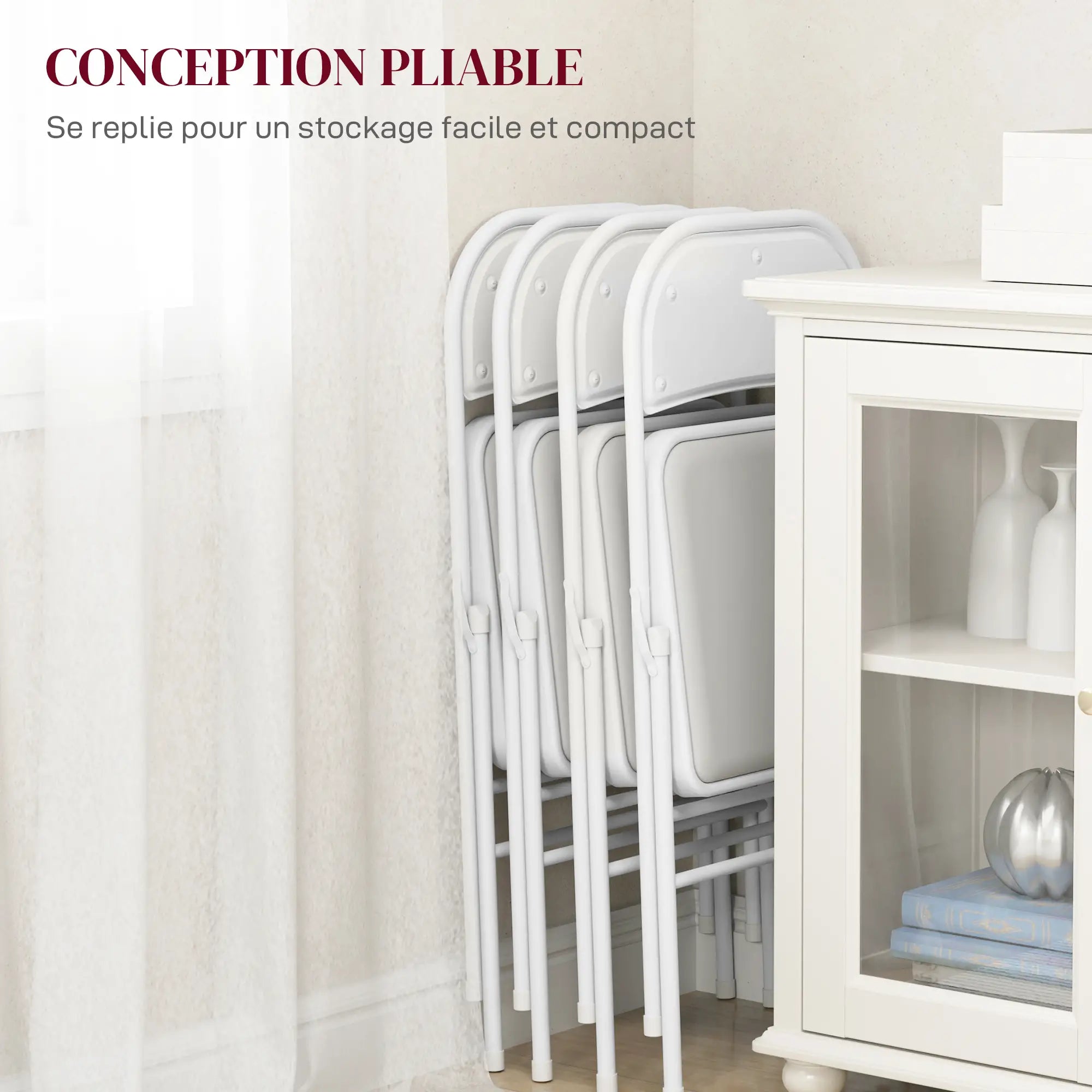 4 Metal Foldable Chairs, PU Leather Padded, White Dining Chairs at Gallery Canada