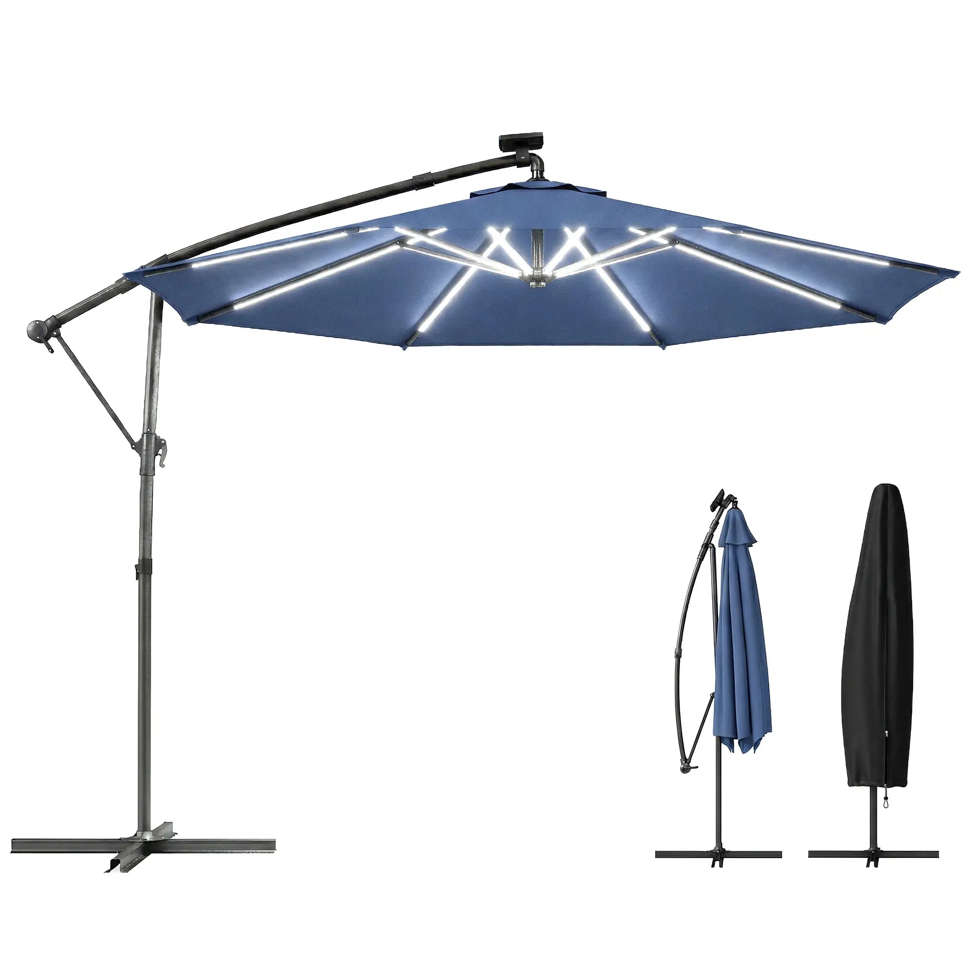 10 ft Offset Patio Umbrella, Solar Light, 360° Rotation, Tilt, Cover, Navy Blue Offset Cantilever Umbrellas at Gallery Canada