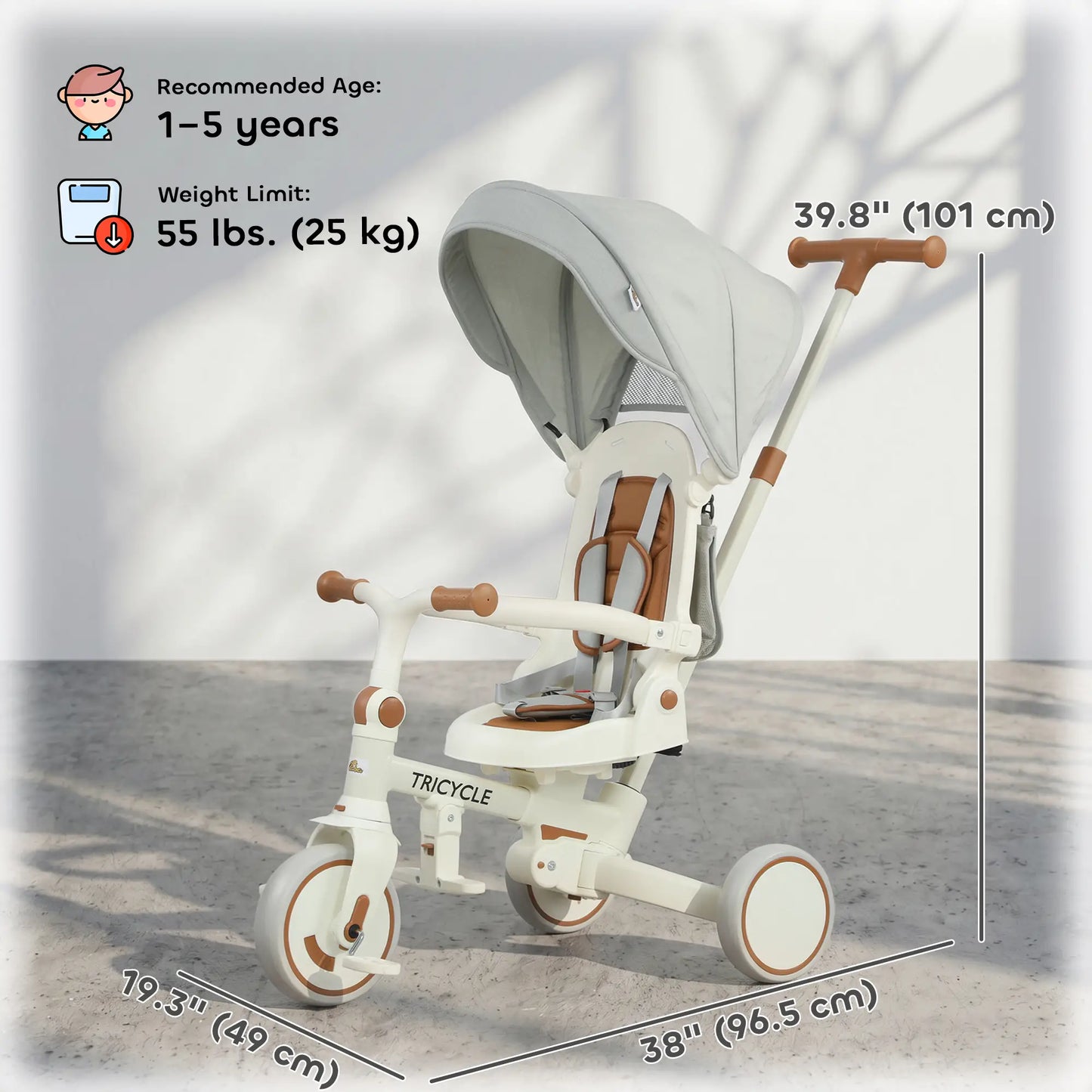 7 in 1 Toddler Tricycle, Safety Harness, Adjustable Parent Handle, Cream White Tricycles for Kids at Gallery Canada