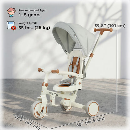 7 in 1 Toddler Tricycle, Safety Harness, Adjustable Parent Handle, Cream White Tricycles for Kids at Gallery Canada