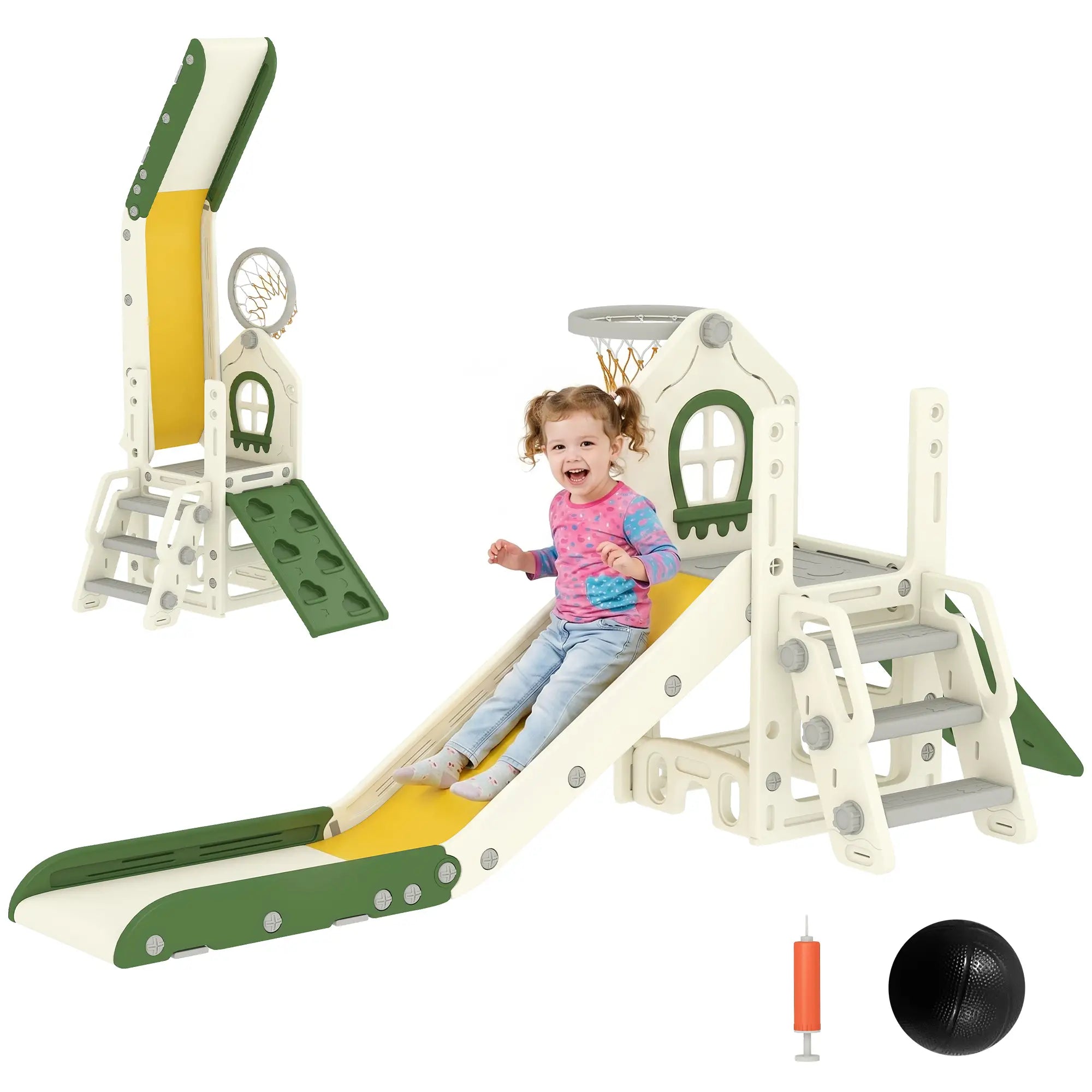 Foldable 4 in 1 Toddler Slide with Climber, Basketball Hoop, Storage Space and Basketball for Ages 1-3 Years, Cream Gym Sets & Swings at Gallery Canada