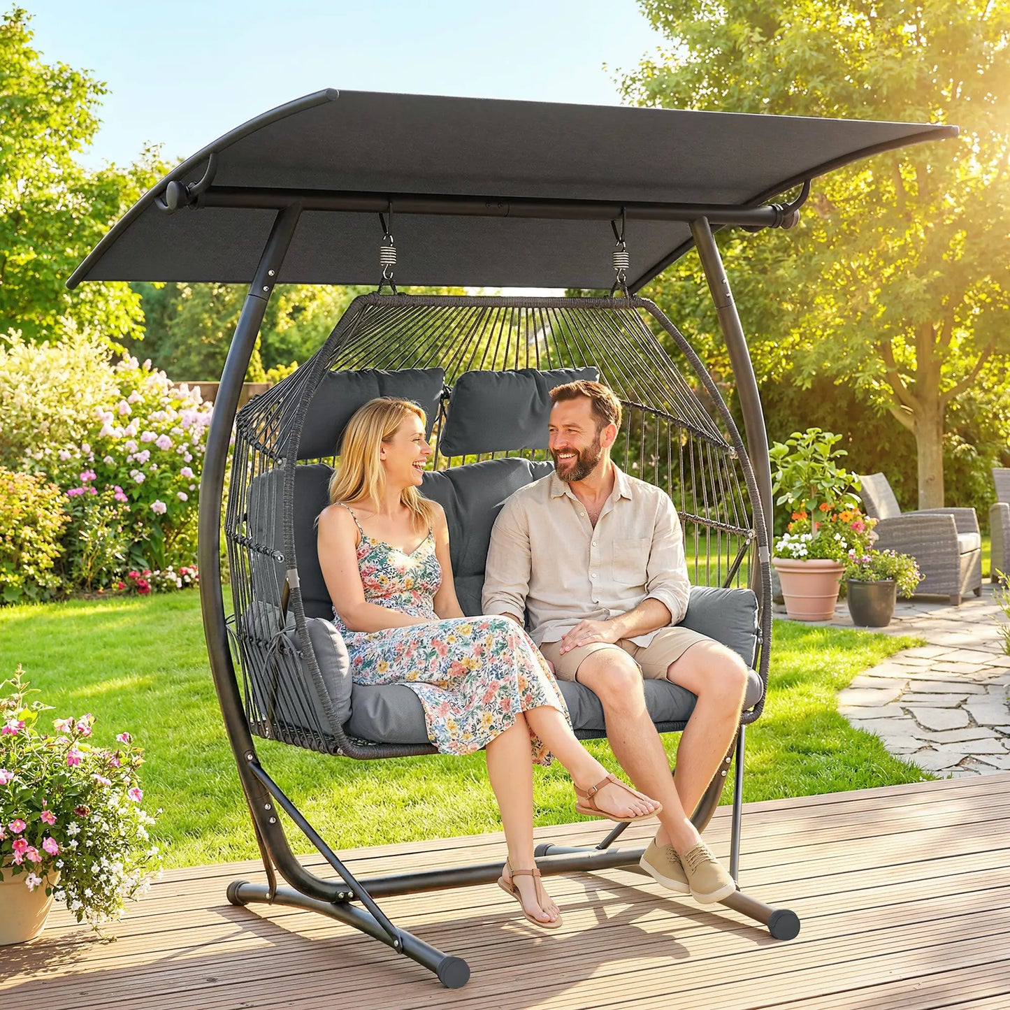 Hanging Double Egg Chair with Canopy, Cushion, Stand, Dark Grey Patio Swings with Stand at Gallery Canada