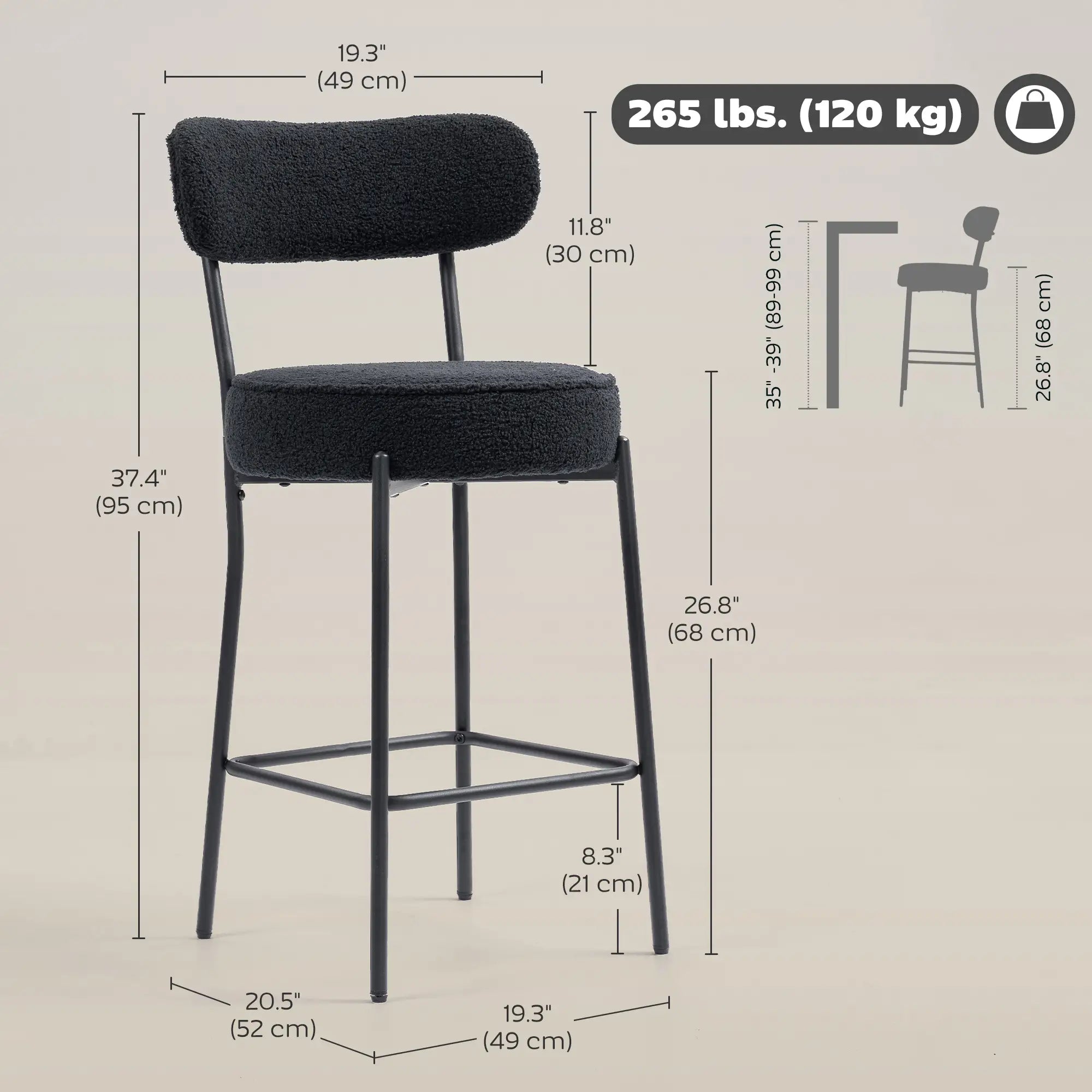 Set of 2 Upholstered Bar Stools with Backrest, Footrest, Black Bar Stools at Gallery Canada