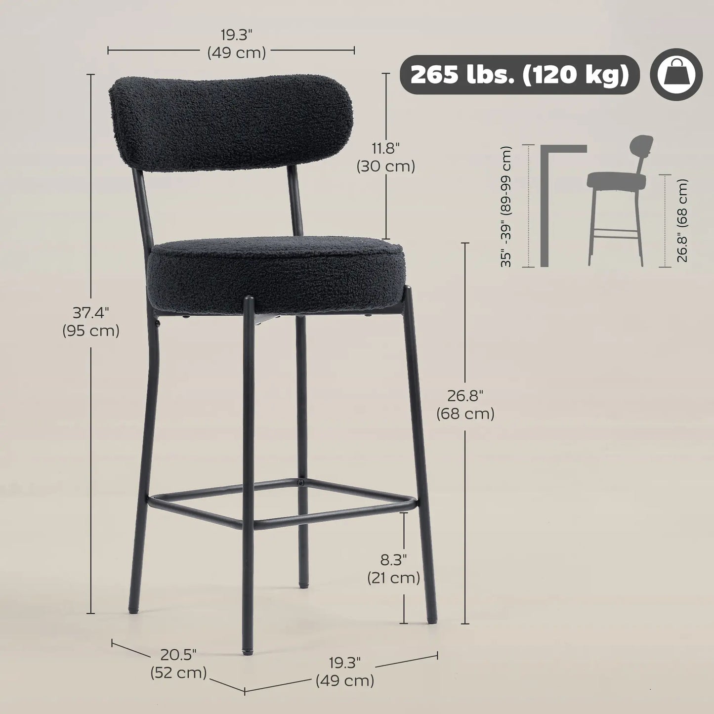 Set of 2 Upholstered Bar Stools with Backrest, Footrest, Black Bar Stools at Gallery Canada