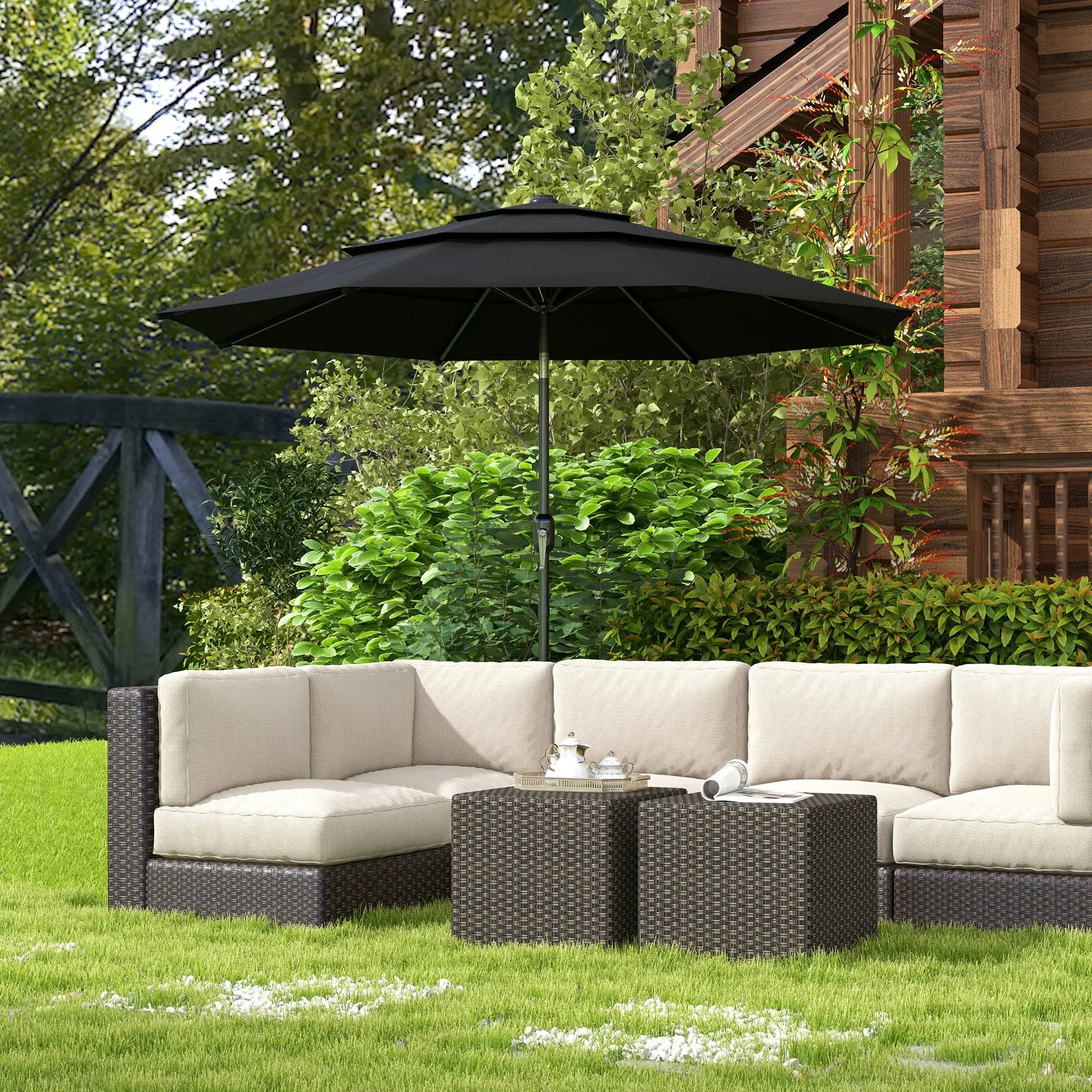 9FT 3-Tier Patio Umbrella, Crank Push Button Tilt, Black Sun Umbrellas at Gallery Canada