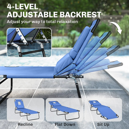 Adjustable Outdoor Lounge Chair, Folding Chaise with Face Hole, Blue