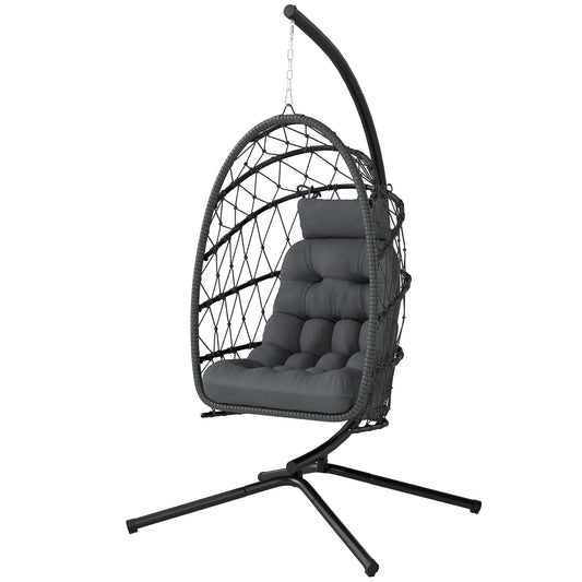 Hanging Egg Chair, Foldable Wicker Rattan Swing, Grey Patio Swings with Stand Dark Grey at Gallery Canada