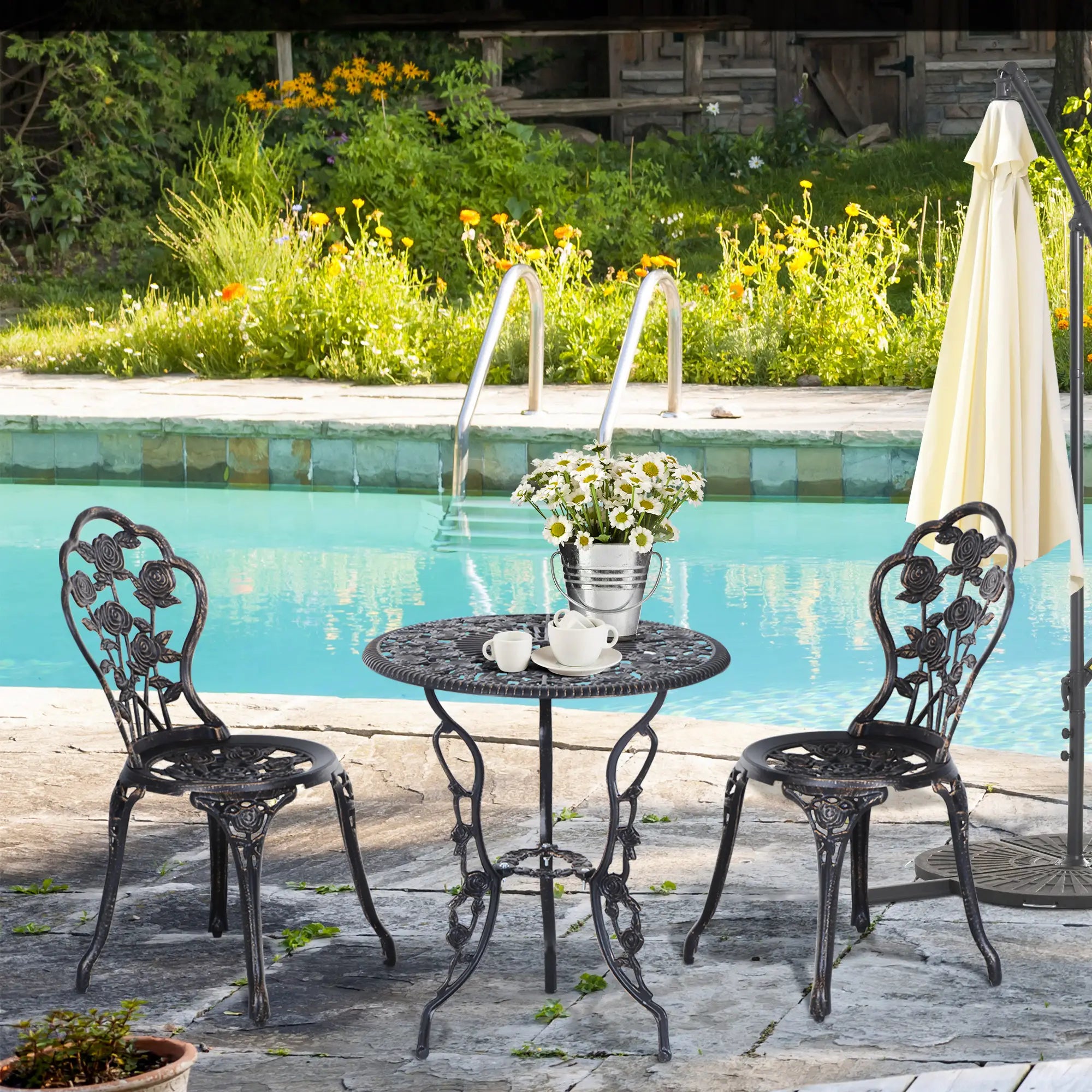 3 Pc Aluminum Bistro Set, Outdoor Patio Table and Chairs, Floral, Bronze Bistro Sets at Gallery Canada