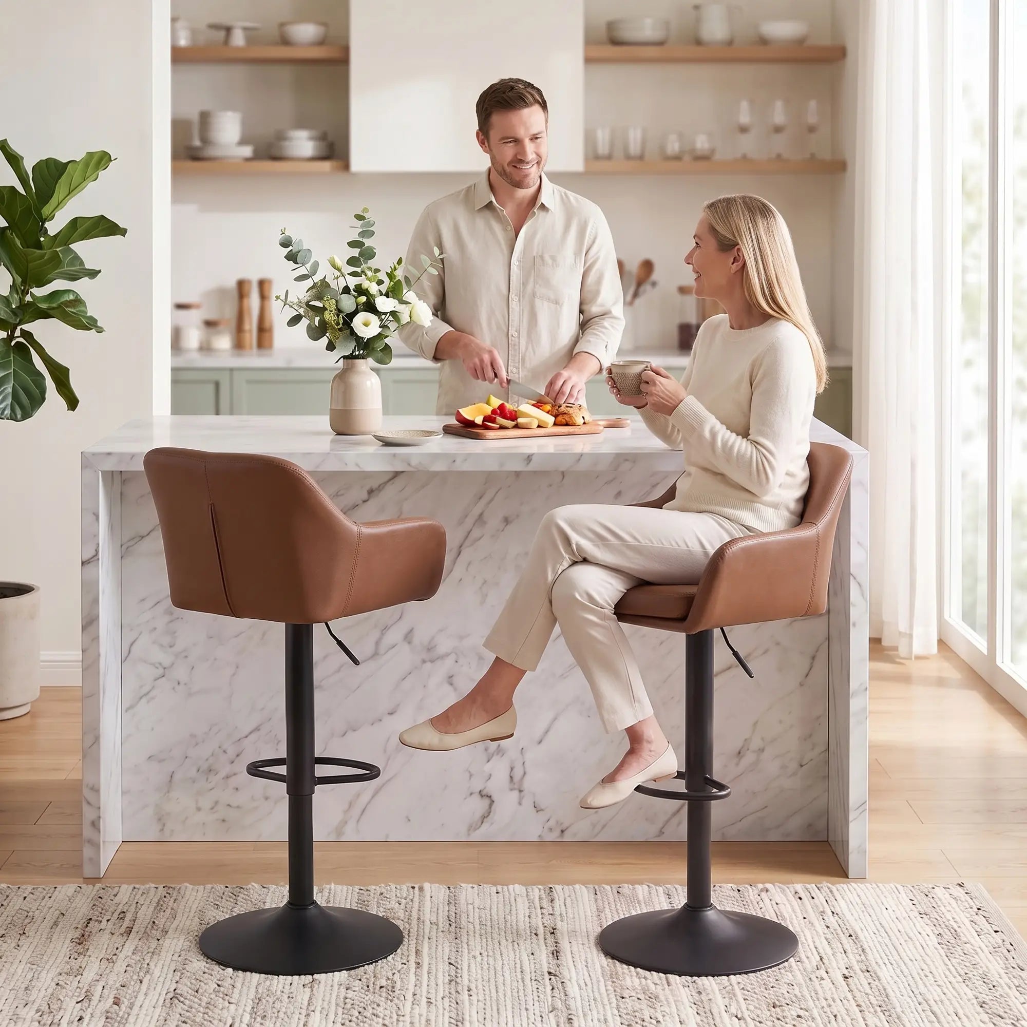 PU Leather Adjustable Swivel Bar Stools Set of 2, Brown Bar Stools at Gallery Canada