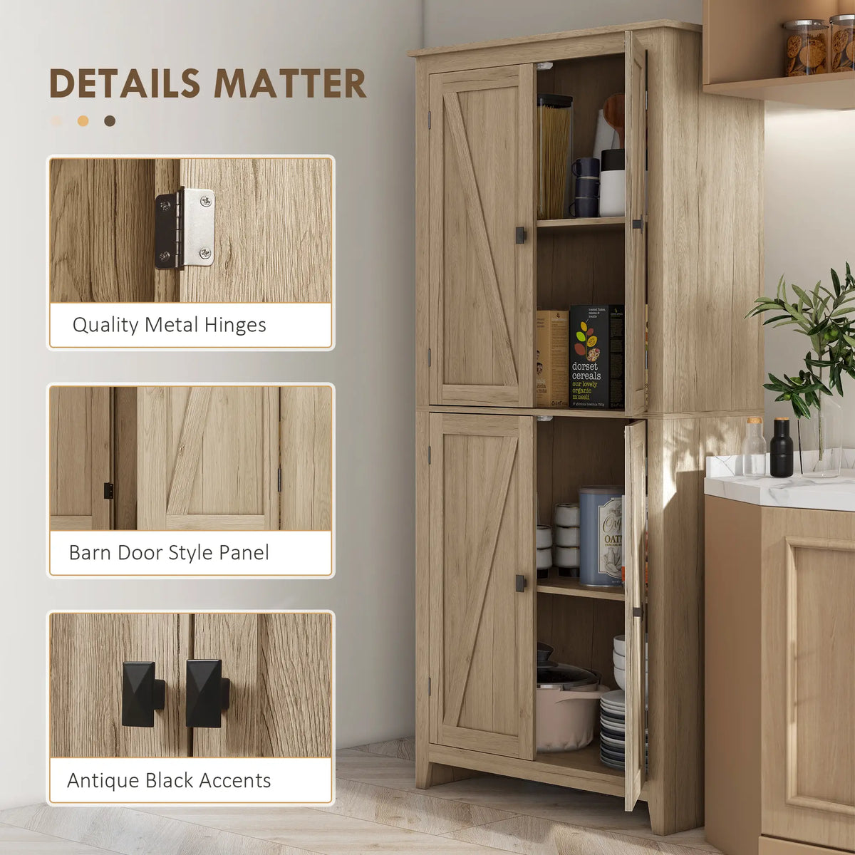 72" Freestanding Storage Cabinet, Kitchen Pantry with Doors, Shelves, Natural Kitchen Pantry Cabinets at Gallery Canada