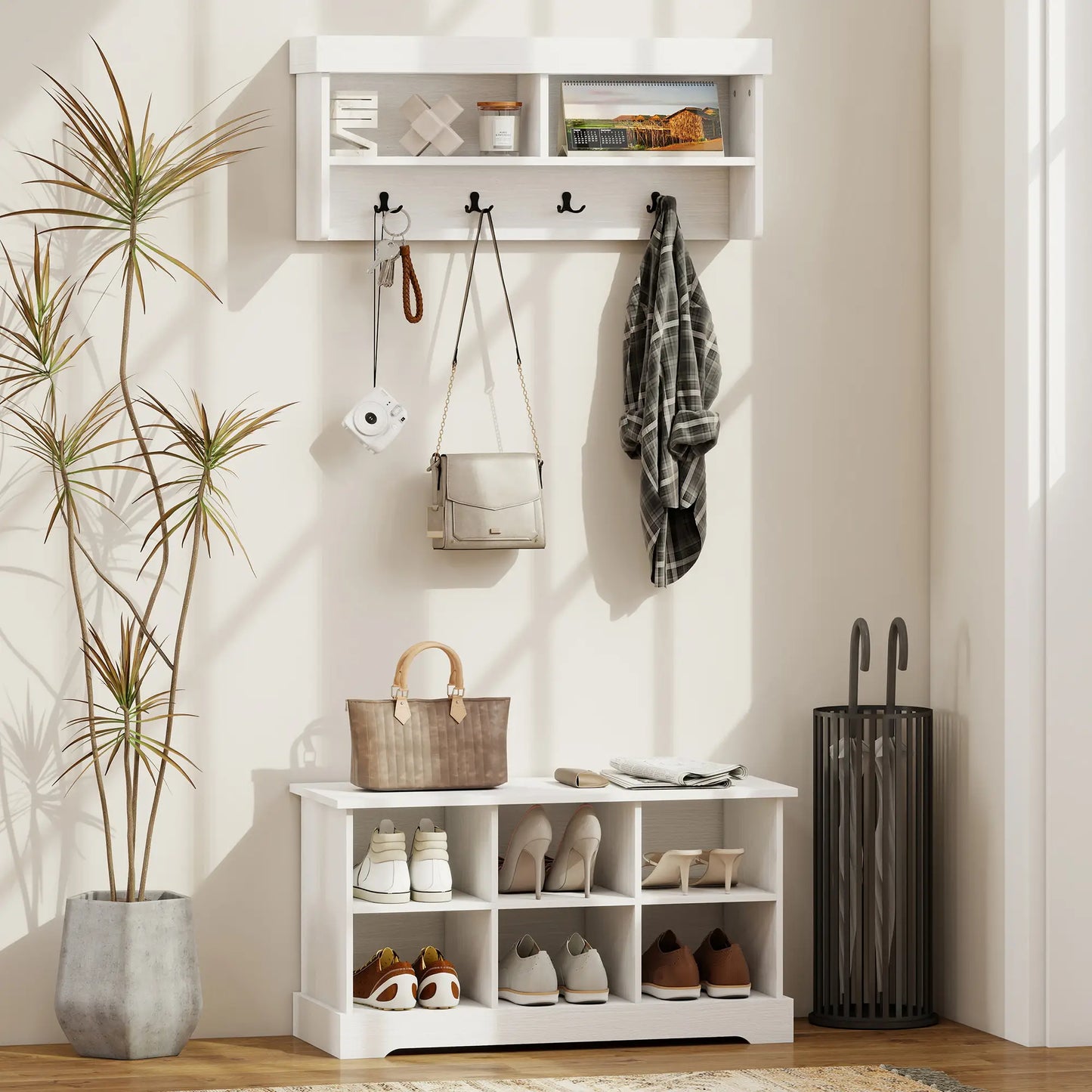 Coat Rack Shoe Bench Set, 8 Storage Cubbies, 4 Hooks, White