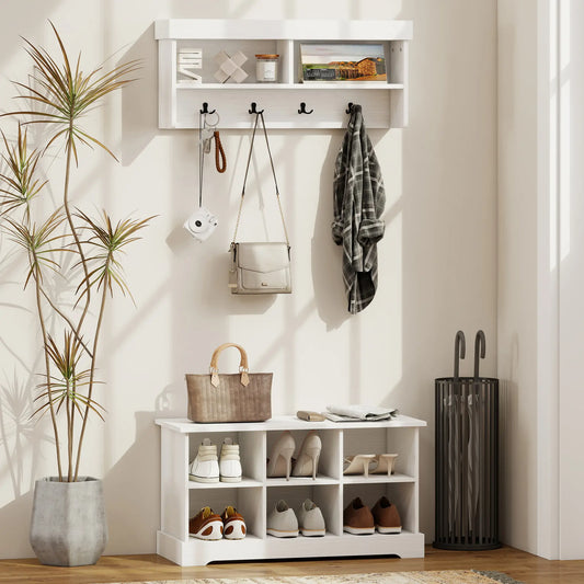 Coat Rack Shoe Bench Set, 8 Storage Cubbies, 4 Hooks, White Clothing Storage White at Gallery Canada
