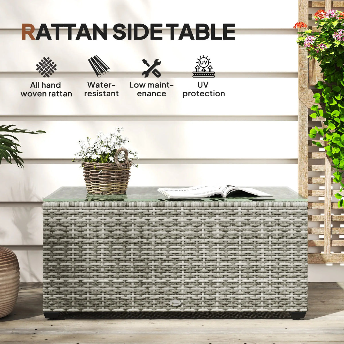 PE Wicker Outdoor Coffee Table, Rectangular Patio Table With Tempered Glass Top, Light Grey Patio Side Tables at Gallery Canada