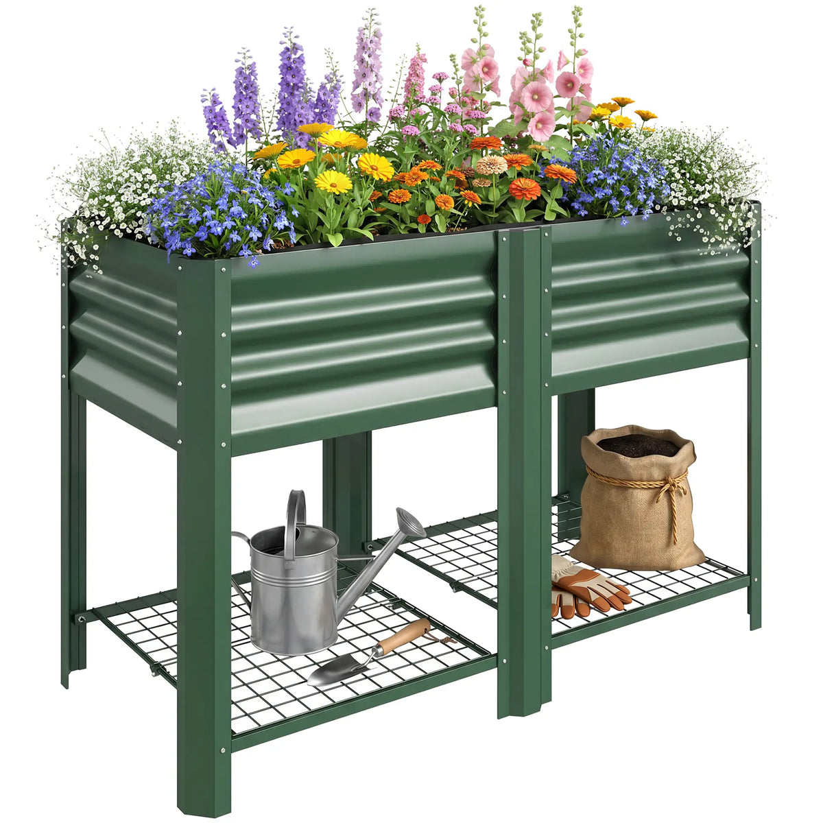 Lit de jardin surélevé vert de 31,5", étagère de rangement, jardinière surélevée, vert