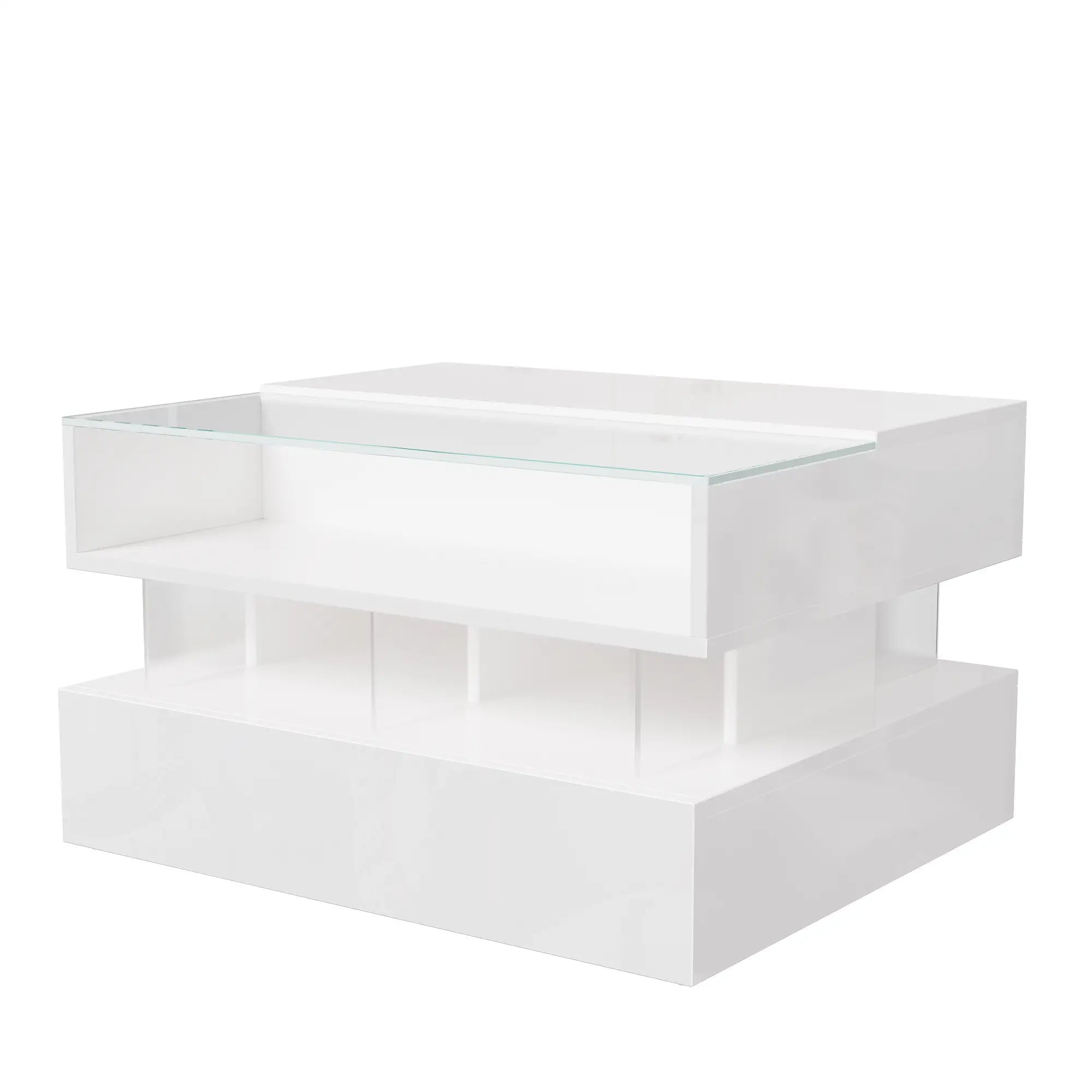 Glass Top LED Coffee Table, Storage Drawer, Adjustable Height, 26