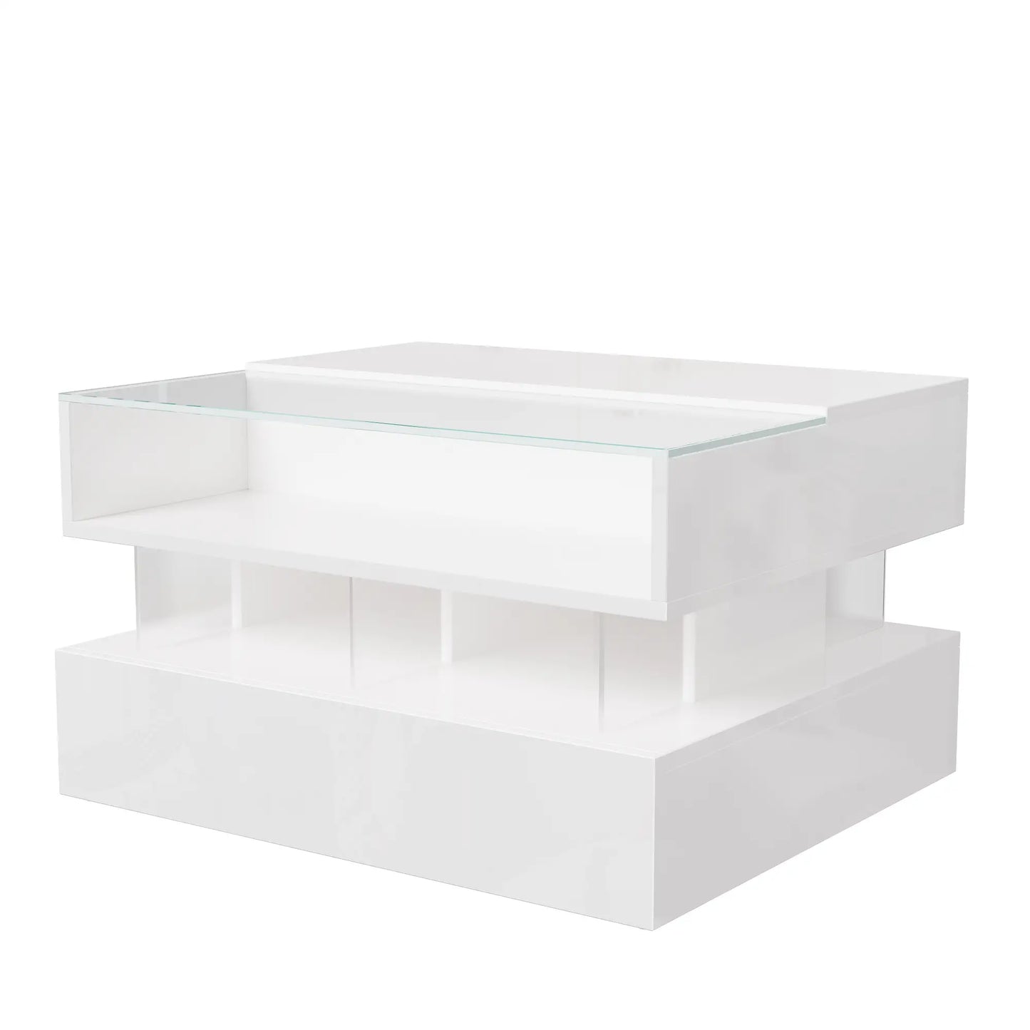 Glass Top LED Coffee Table, Storage Drawer, Adjustable Height, 26" L x 21.5" W x 21.5" H, White Coffee Tables at Gallery Canada