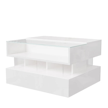 Glass Top LED Coffee Table, Storage Drawer, Adjustable Height, 26" L x 21.5" W x 21.5" H, White Coffee Tables at Gallery Canada