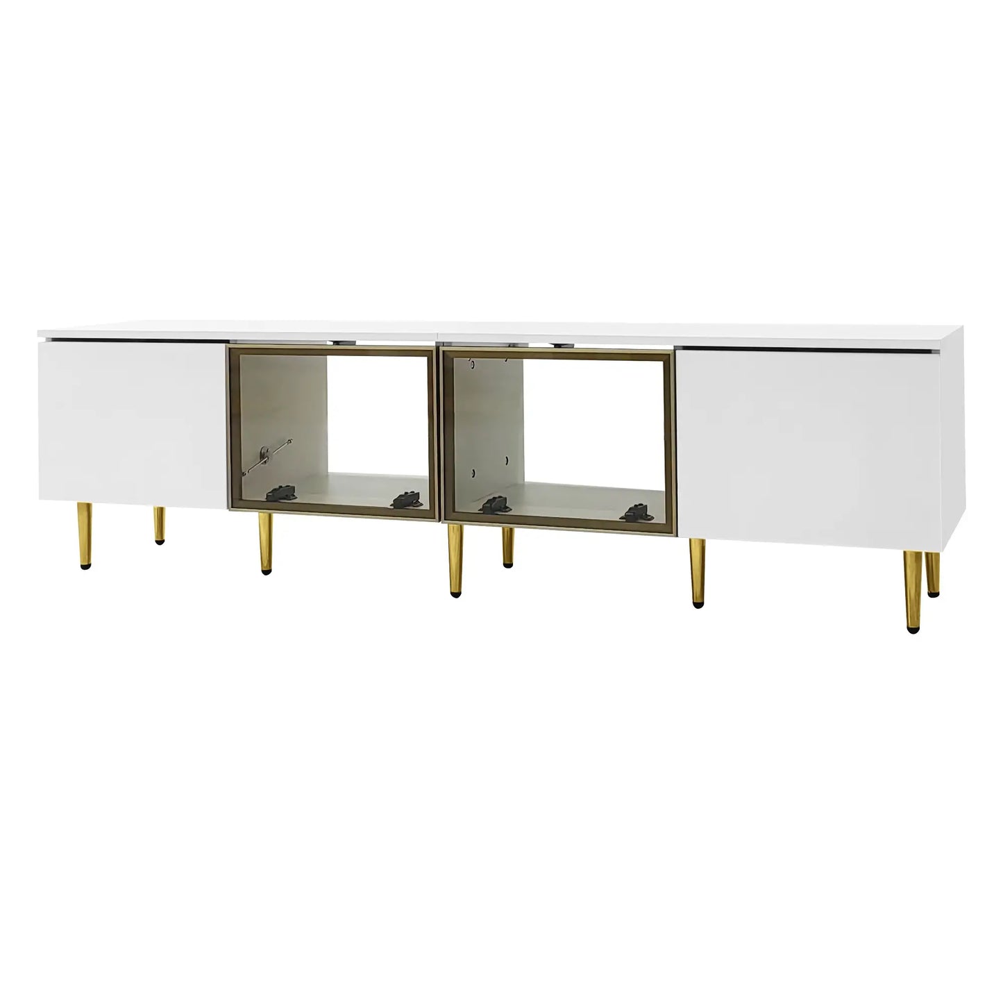 TV Stand, 4 Doors, Handles, Tempered Glass, LED Light, 67" L x 14.5" W x 18.5" H, White+Gold TV Stands at Gallery Canada