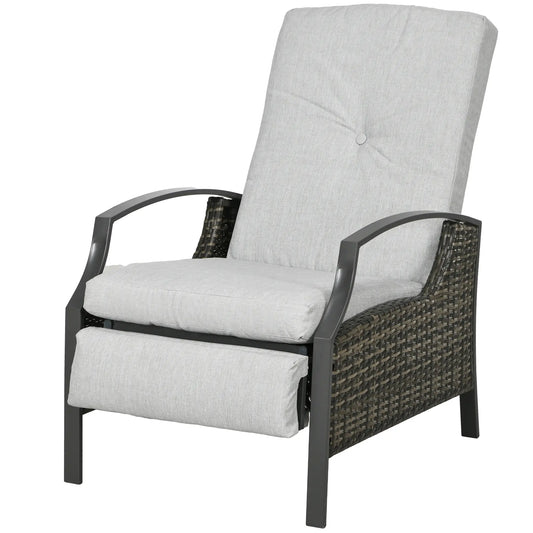 Outdoor Rattan Recliner Chair, Adjustable Back, Retractable Footrest, Light Grey Chaise Loungers Light Grey at Gallery Canada