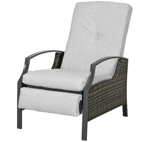 Outdoor Rattan Recliner Chair, Adjustable Back, Retractable Footrest, Light Grey