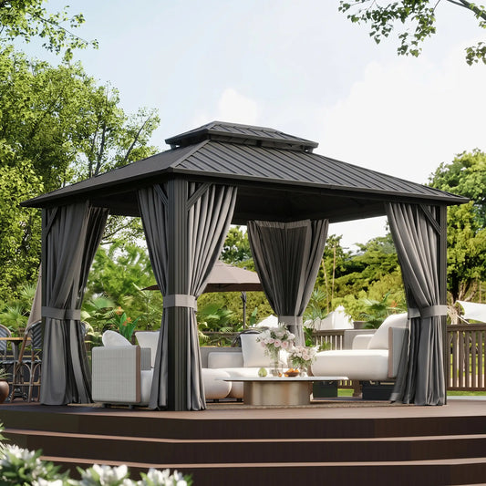 10' x 12' Hardtop Gazebo, Sun Shelter, Metal Roof, Mosquito Net, Light Grey Gazebos Light Grey at Gallery Canada