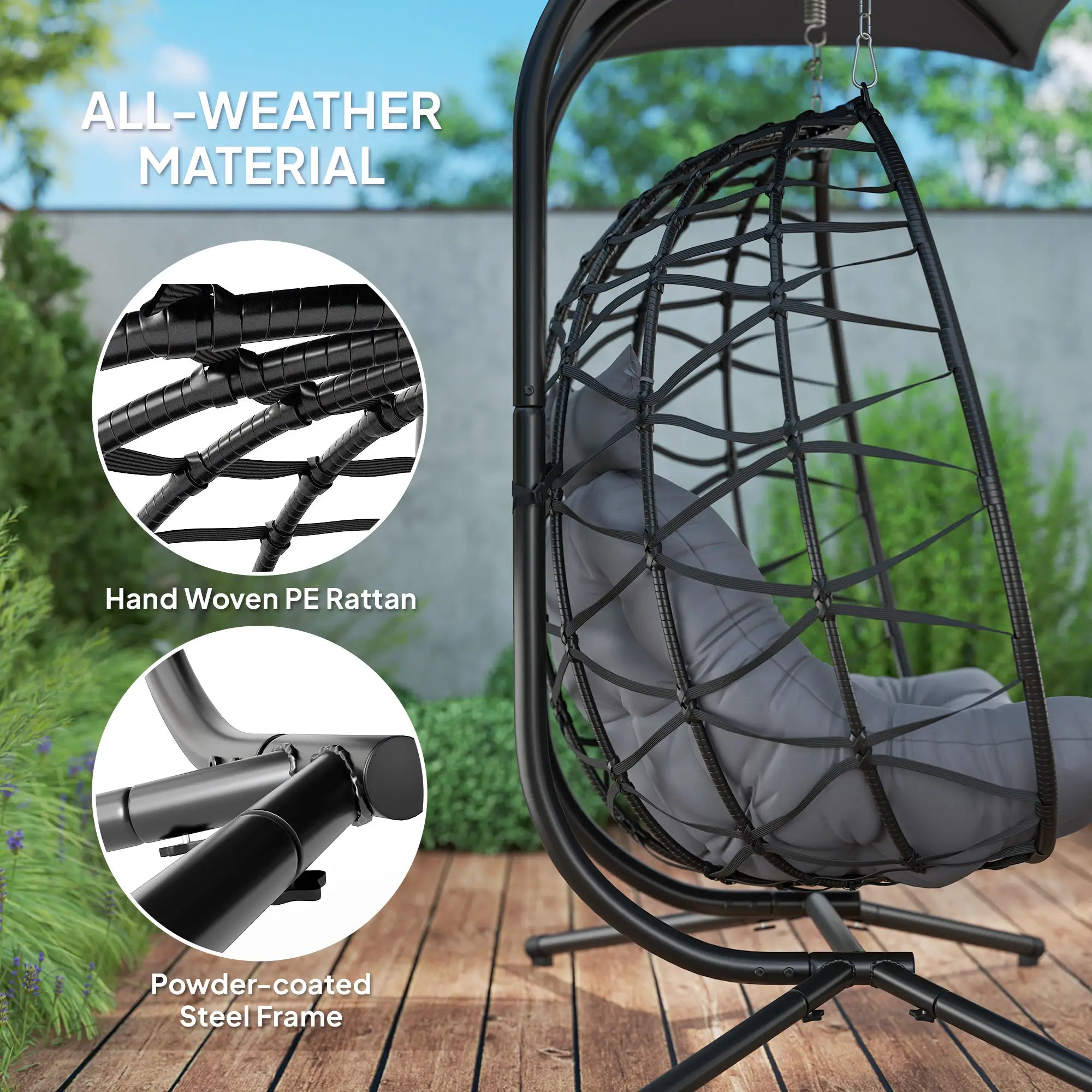 Double Wicker Egg Swing Chair, Foldable with Stand, Black Patio Swings with Stand at Gallery Canada