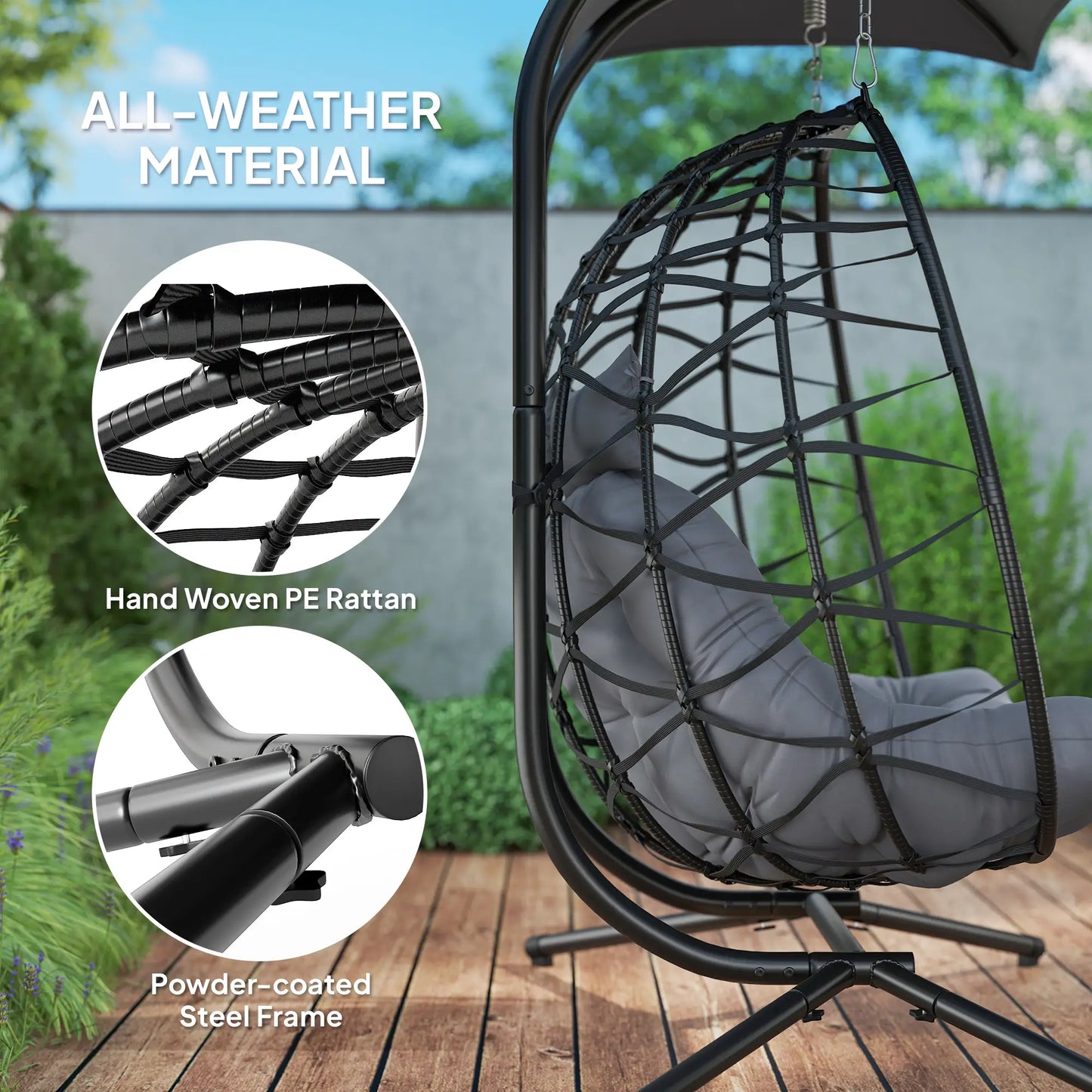 Double Wicker Egg Swing Chair, Foldable with Stand, Black Patio Swings with Stand at Gallery Canada