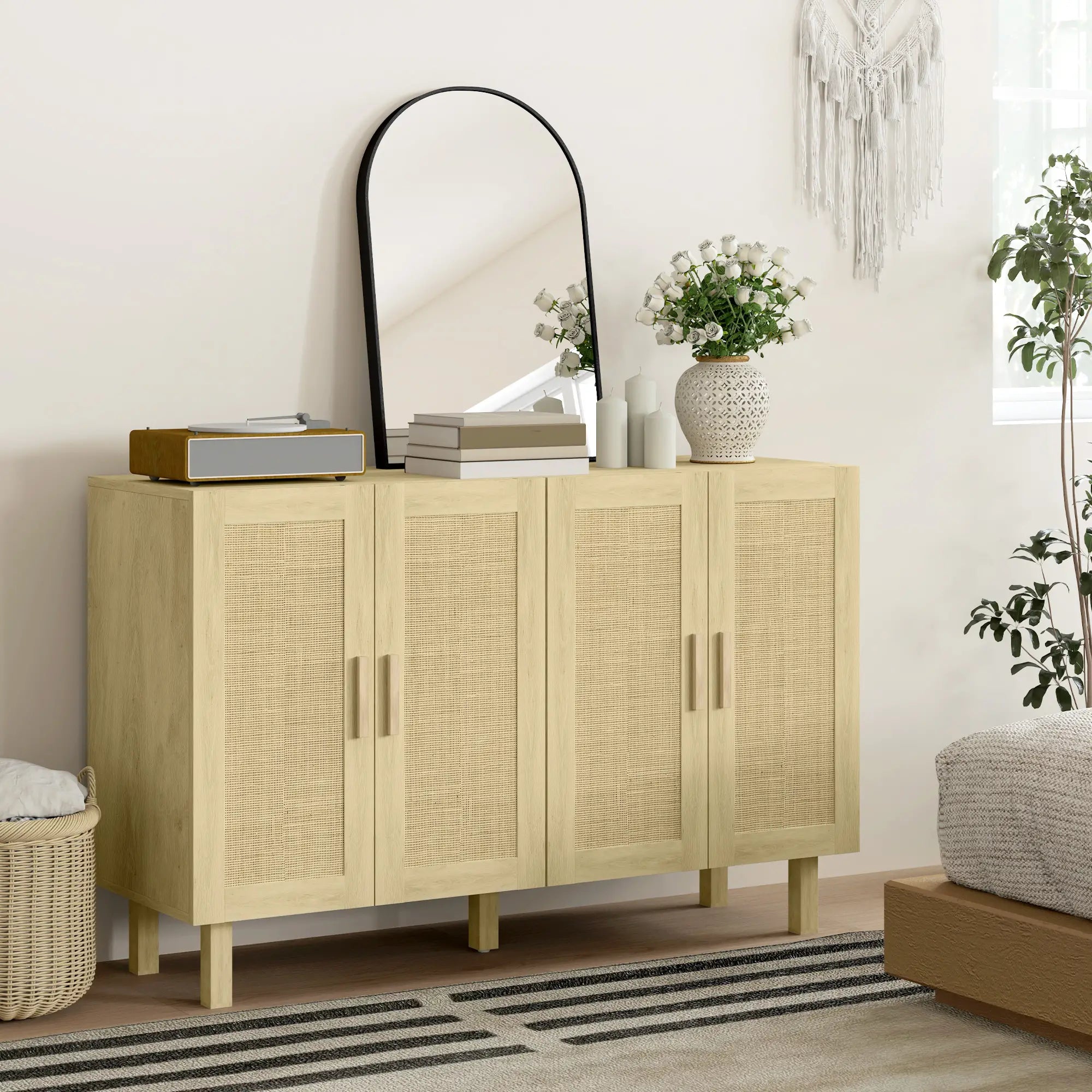 Boho Sideboard Cabinet, 4 Rattan Doors, Adjustable Shelves, Natural Storage Cabinets at Gallery Canada