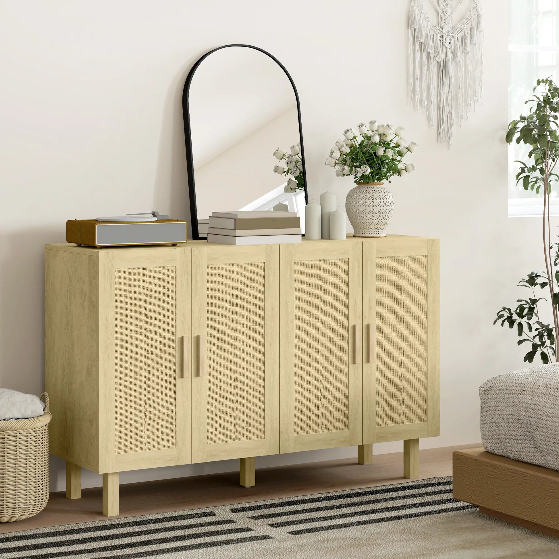Boho Sideboard Cabinet, 4 Rattan Doors, Adjustable Shelves, Natural Storage Cabinets at Gallery Canada