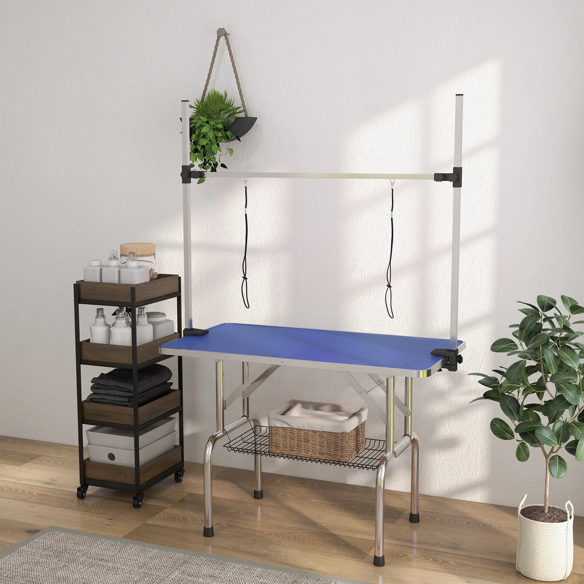 Adjustable Dog Grooming Table, 2 Safety Slings, Storage Basket, Blue Dog Grooming Tables at Gallery Canada