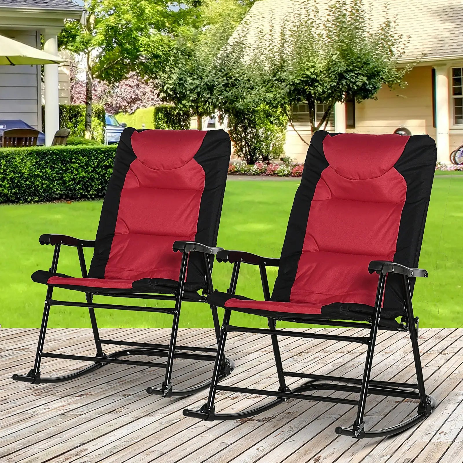 Folding Rocking Chair Set of 2, Padded, Armrest, Black, Red Outdoor Rocking Chairs at Gallery Canada