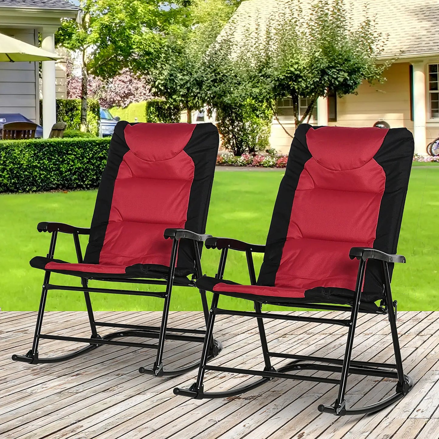 Folding Rocking Chair Set of 2, Padded, Armrest, Black, Red Outdoor Rocking Chairs at Gallery Canada
