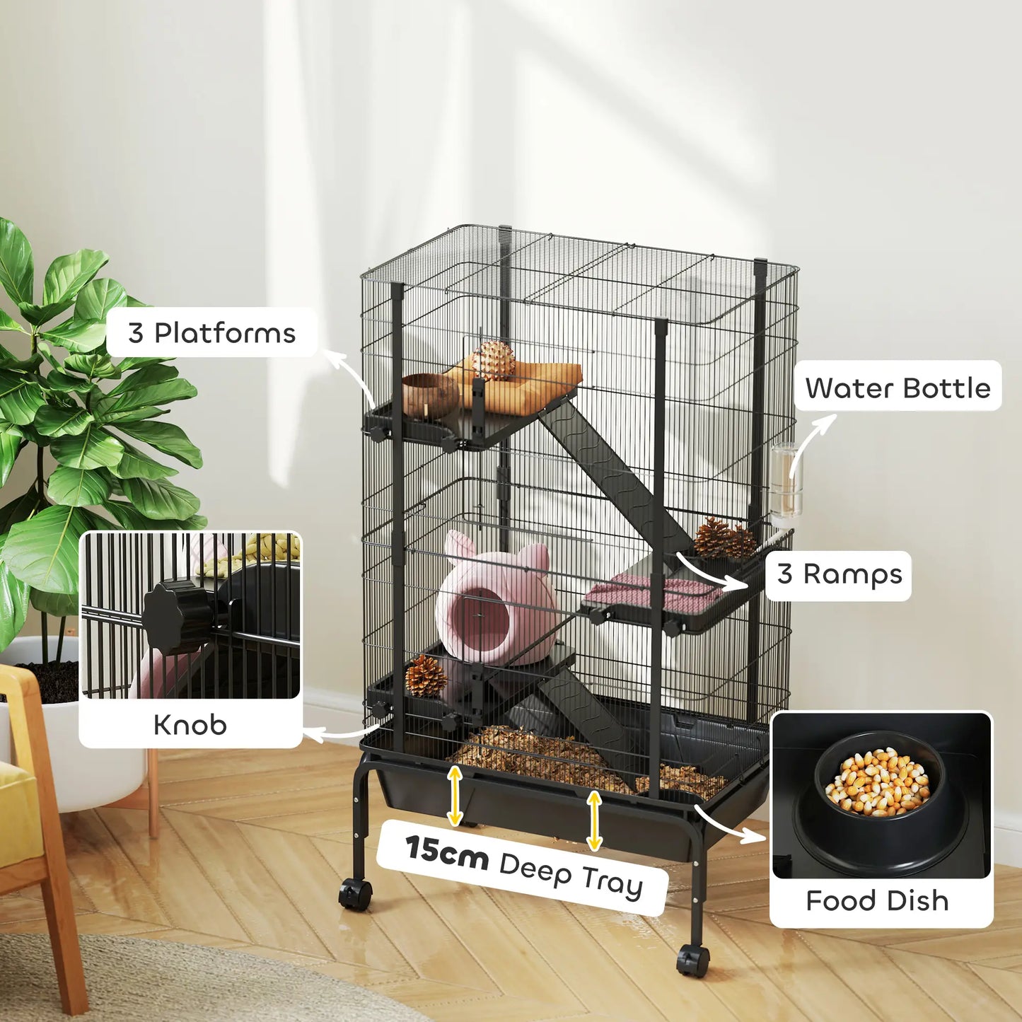 47"H Ferret Cage, Large 4-Tier Guinea Pig Cage, Black