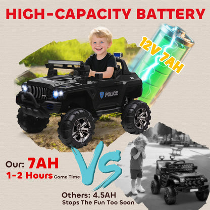 12V Ride On Police Car, 2 Seater, For Kids 3-8 Years, Remote Control, LED Lights, MP3, Black Electric Toy Cars at Gallery Canada