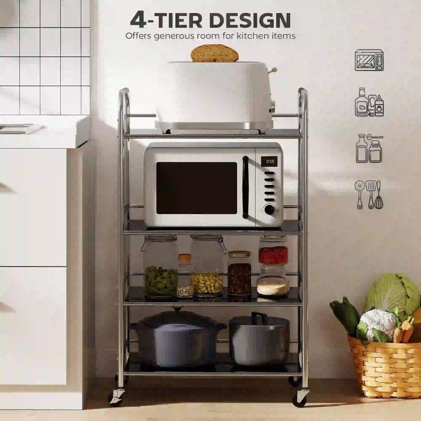 4 Tier Stainless Steel Rolling Cart, Adjustable Shelves, Wheels, Silver Kitchen Islands & Kitchen Carts at Gallery Canada