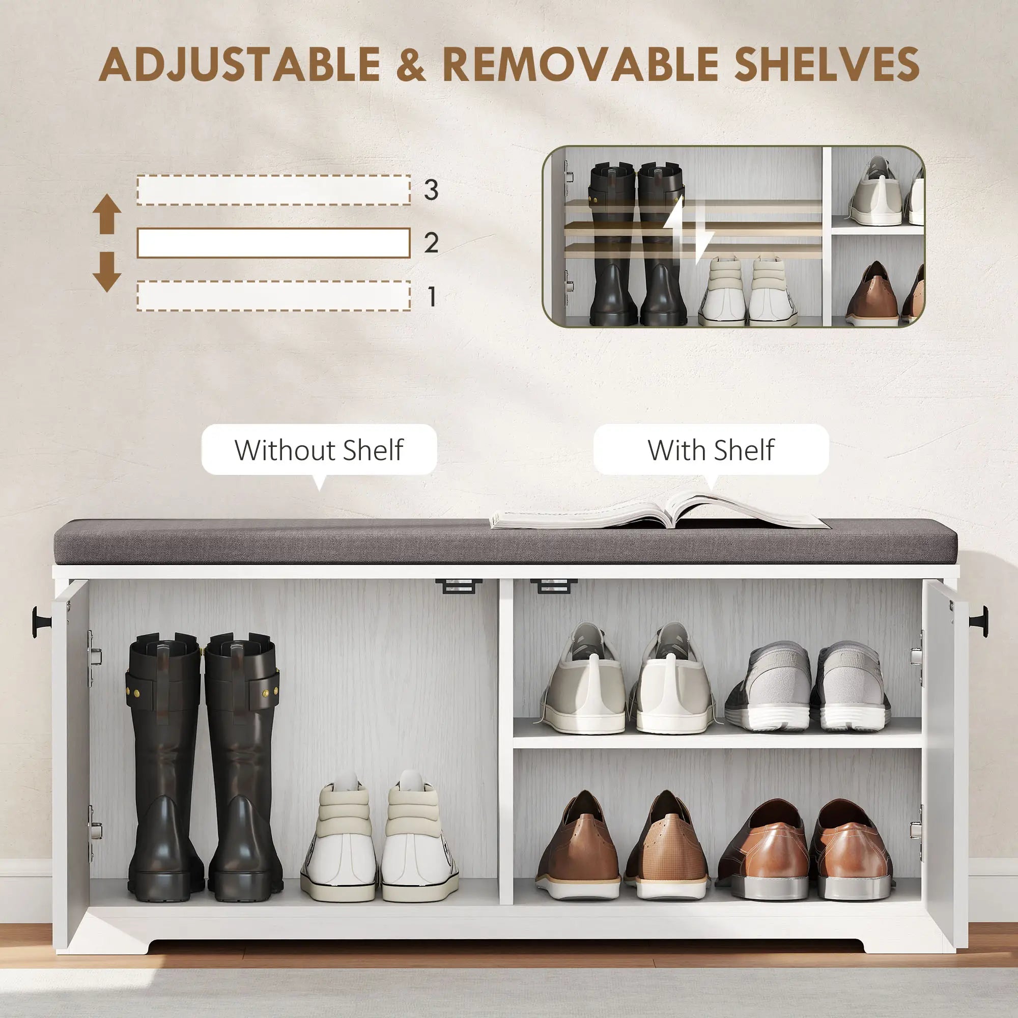 Shoe Storage Bench with Padded Seat, 8 Pairs, White Wood Grain, White Shoe Storage Cabinets & Racks at Gallery Canada