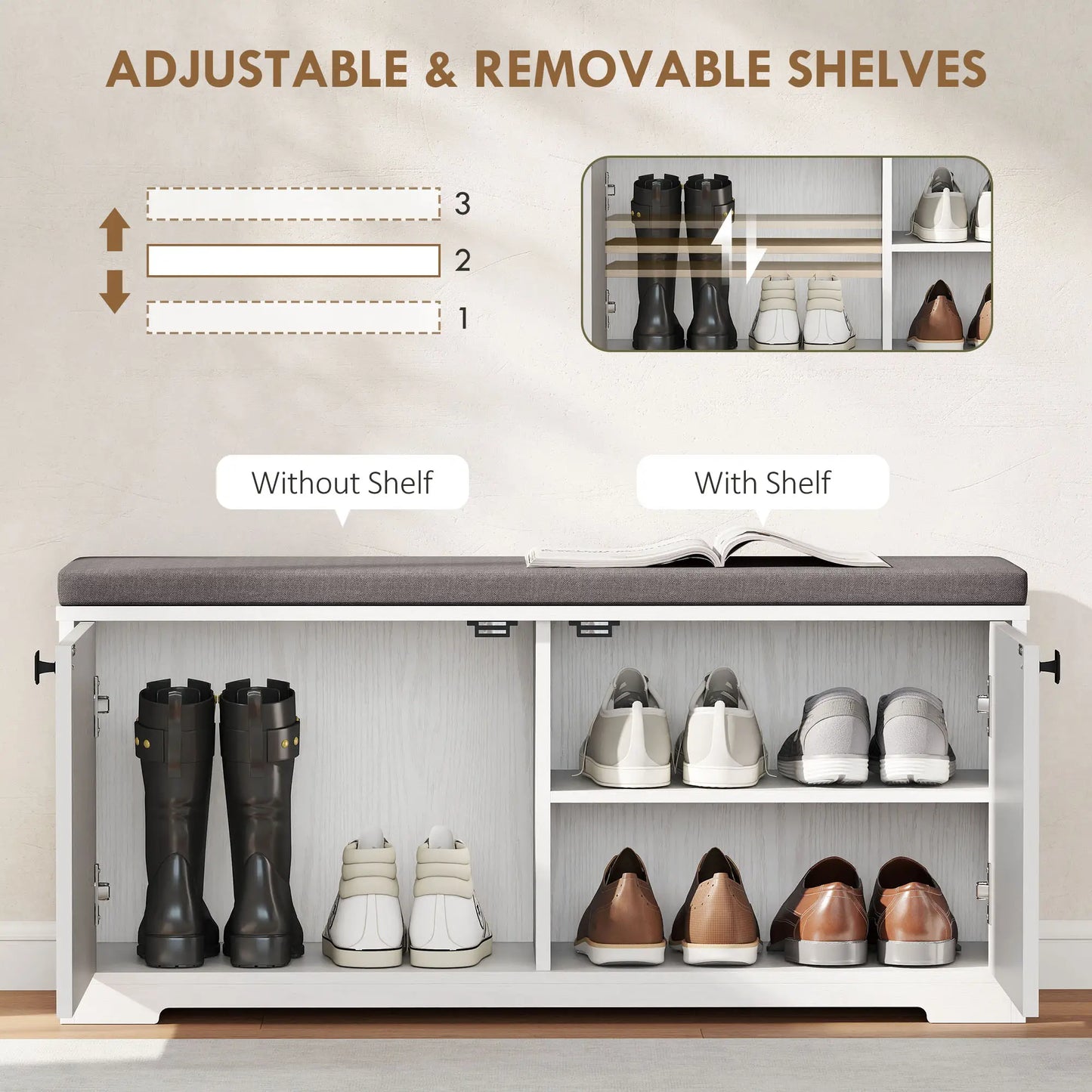 Shoe Storage Bench with Padded Seat, 8 Pairs, White Wood Grain, White Shoe Storage Cabinets & Racks at Gallery Canada