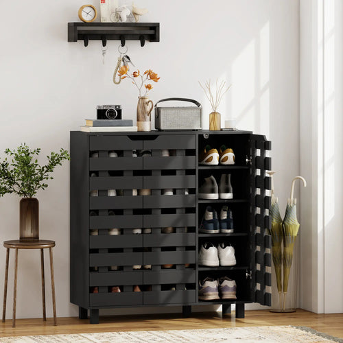 Shoe Cabinet, 20 Pair Storage with Hollowed-Out Doors, Black