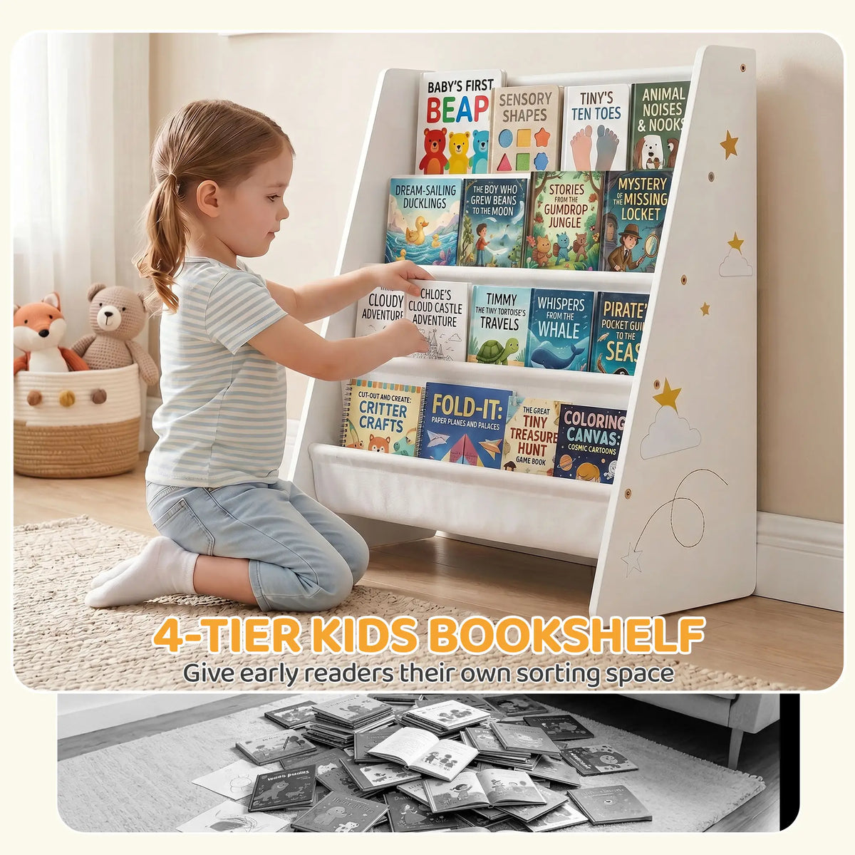 Fabric Kids Bookshelf, 4-Tier Toddler Sling Book Rack, White Baby & Kids Storage at Gallery Canada